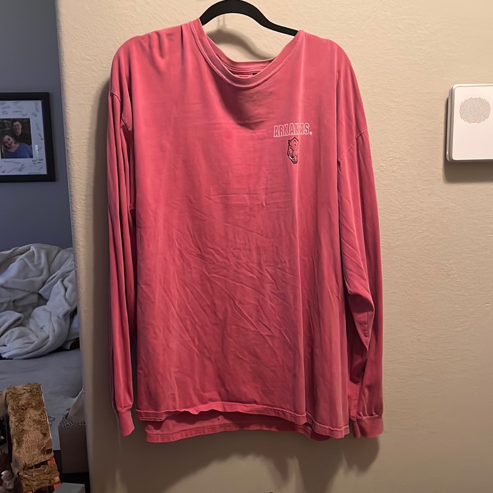 Long sleeve razorback comfort colors tee. small stain on the front of the shirt